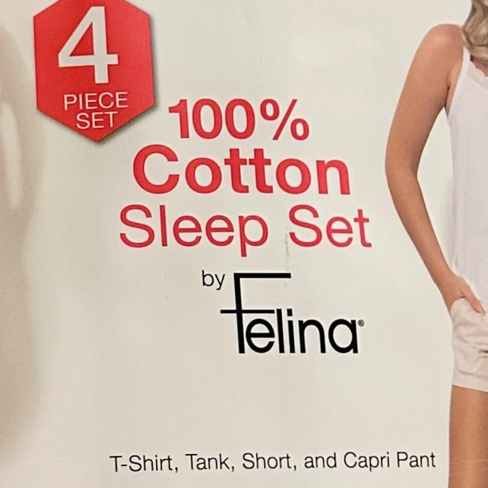 Felina Women's 4 Piece 100% Cotton Sleep Pajama Set L Tee Tank Short Capri Pant - Picture 4 of 10